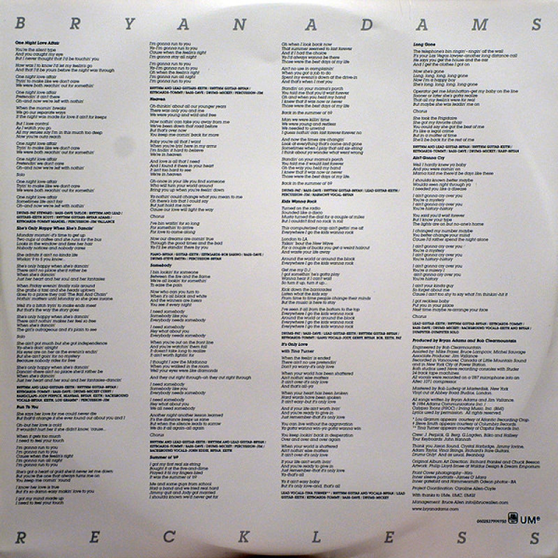 Вінілова платівка  Bryan Adams - Reckless (Vinyl, LP, Album, Reissue)