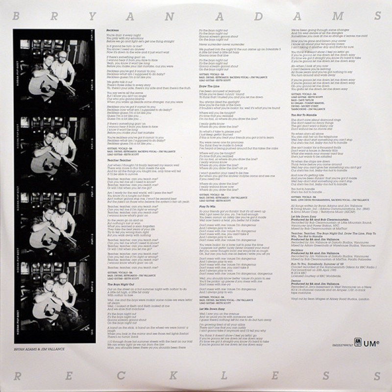 Вінілова платівка  Bryan Adams - Reckless (Vinyl, LP, Album, Reissue)