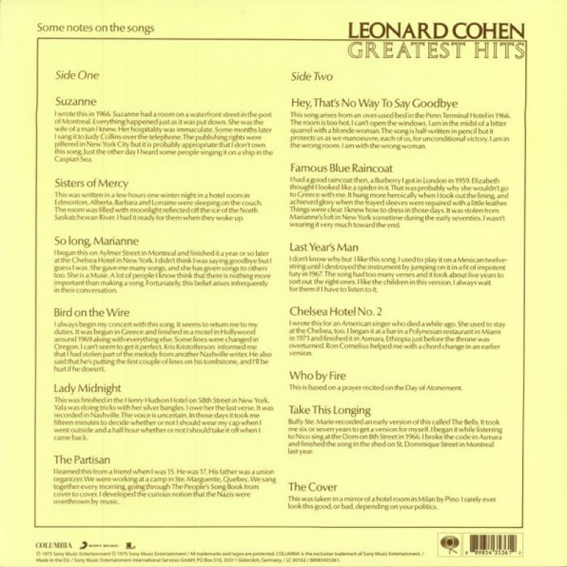Leonard Cohen - Greatest Hits (Europe 2018)