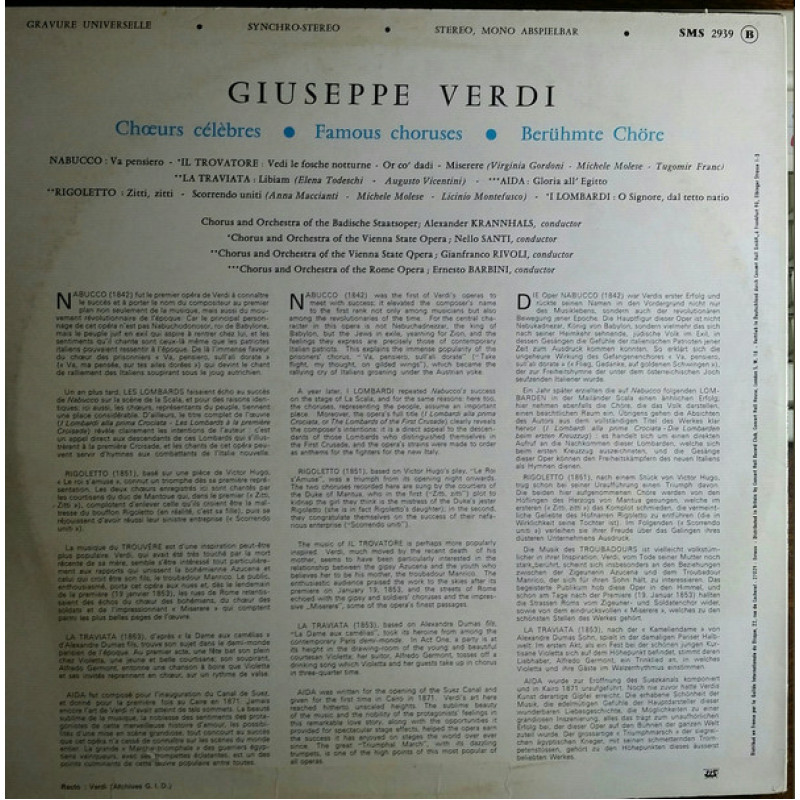 Giuseppe Verdi - Nabucco, Chœur Des Prisonniers Et  Chœurs Célèbres De :  Aida - Rigoletto - La Traviata - Le Trouvère - Les Lombards (Europe)