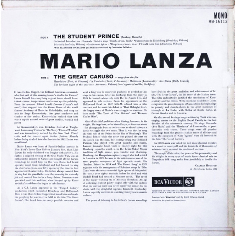 Mario Lanza - The Student Prince And The Great Caruso (UK 1958)